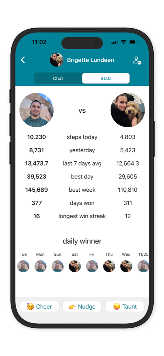 StepUp App Friend Stats Head to Head Screen