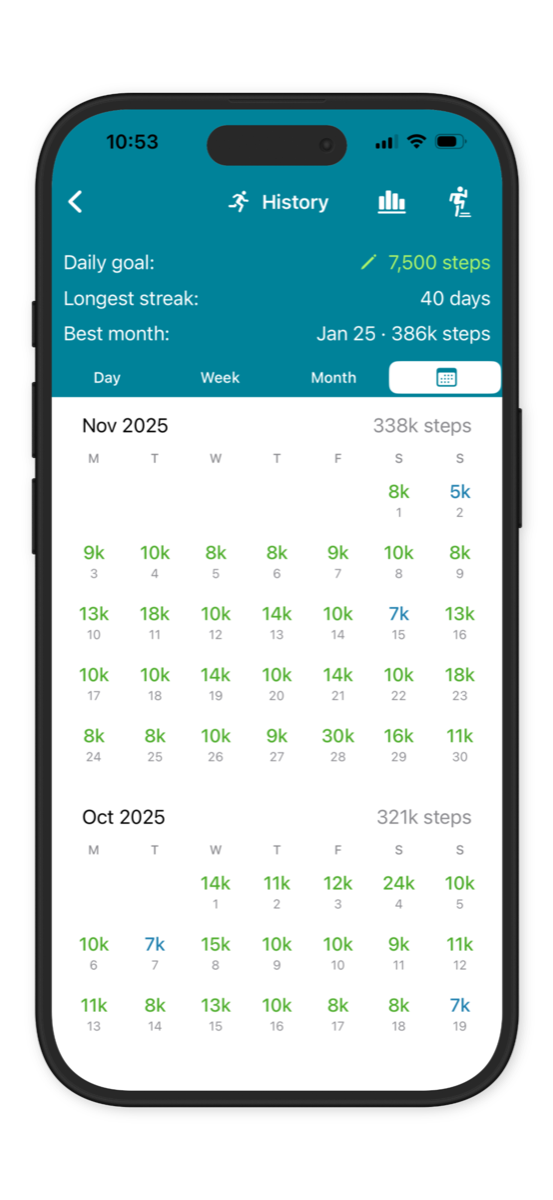 StepUp App Step History Calendar Screen